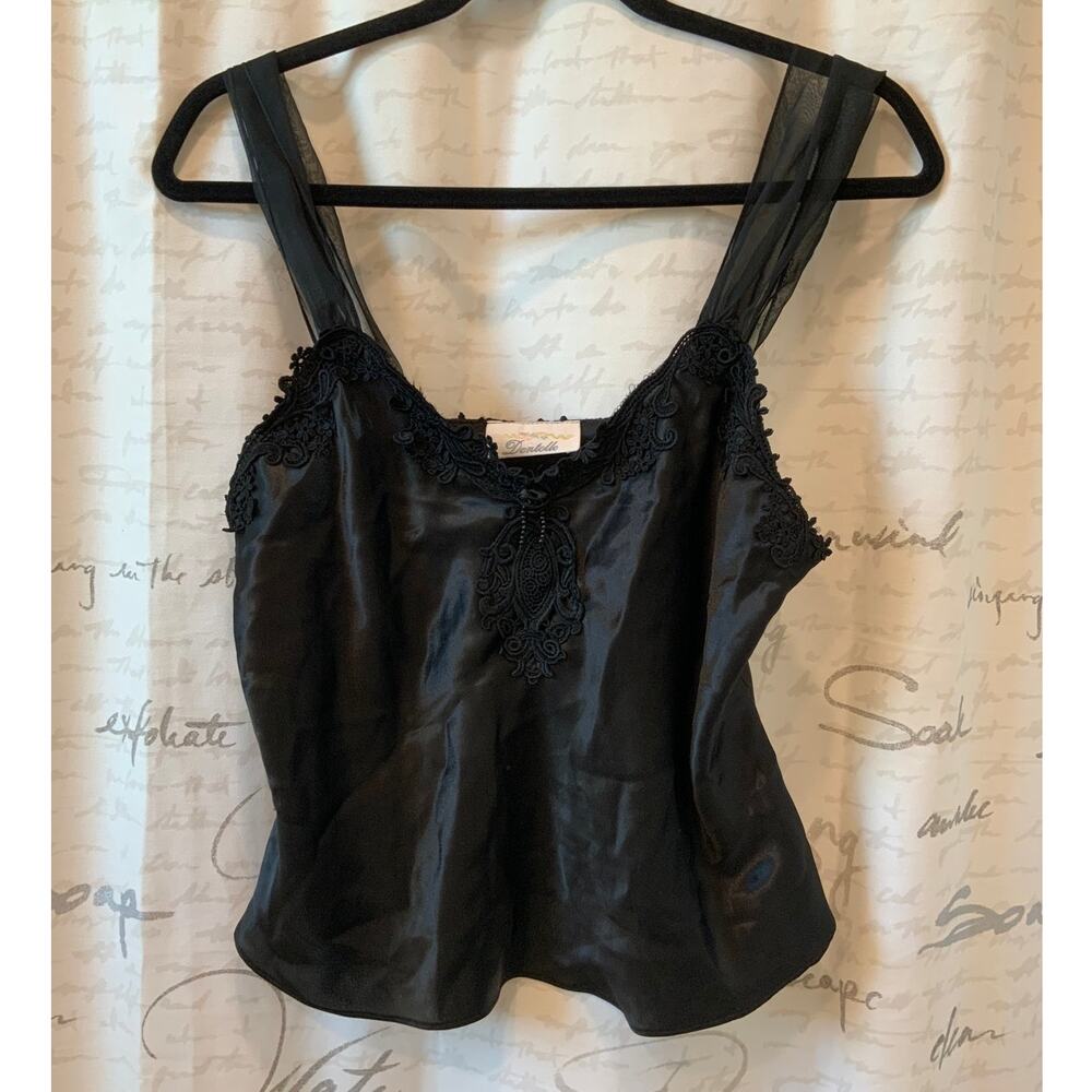 Vintage Dentelle Black Silky Lace Trim Cami Tank Top Y2K Medium